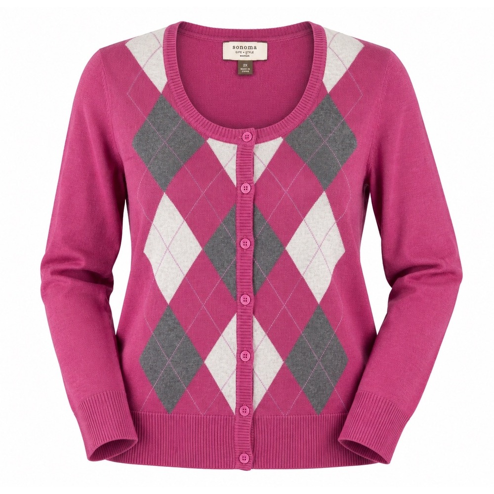 Sonoma Life + Style Women's 2X Pink Argyle Button Front Cardigan Sweater NWT